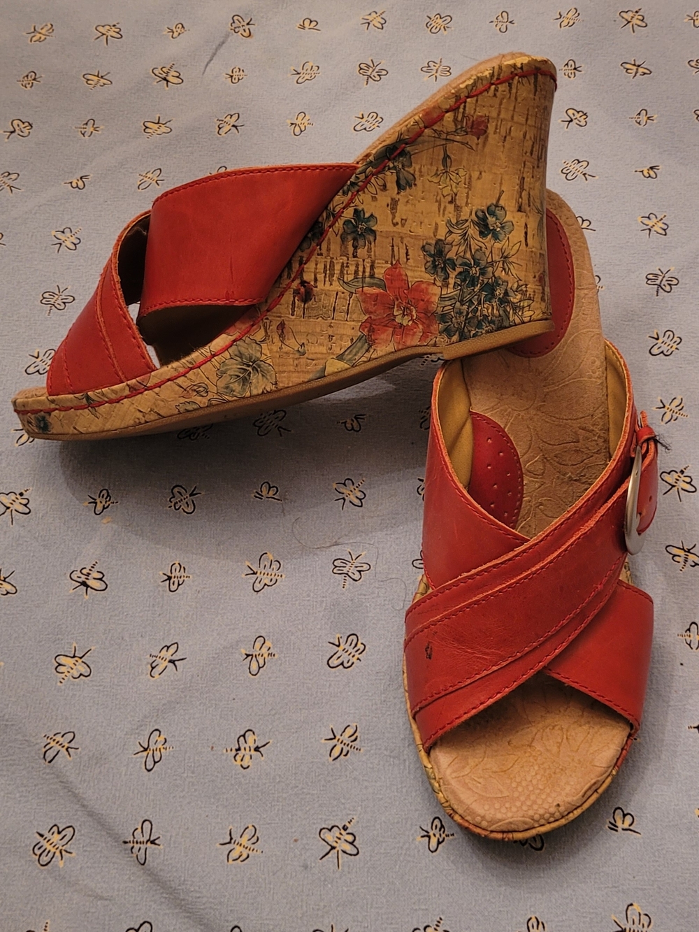 b.o.c. Red Floral Cork Wedge Slide Sandals